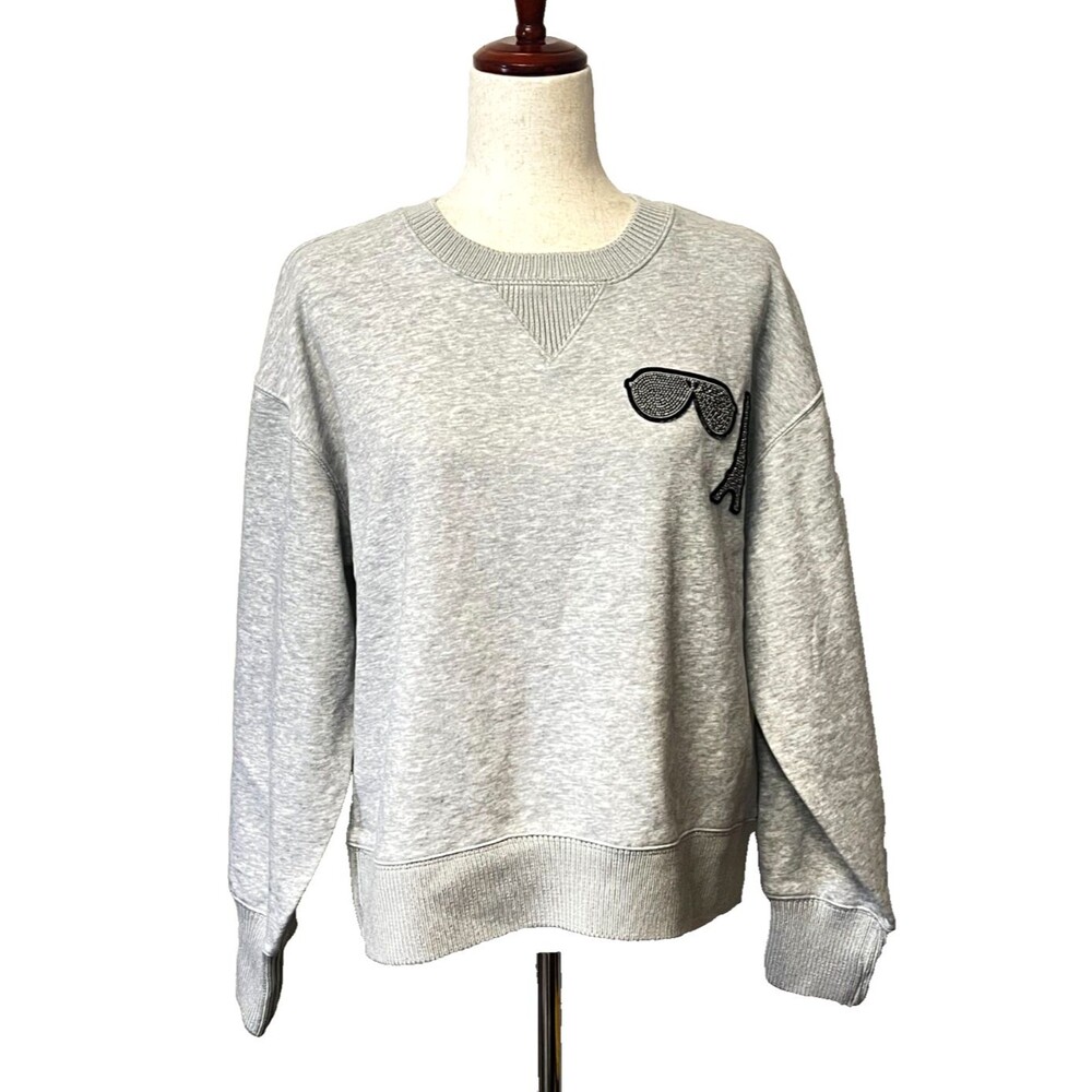 Karl Lagerfeld Paris Women's S Silver Studded Gray Sweatshirt Crew Neck V-Stitch